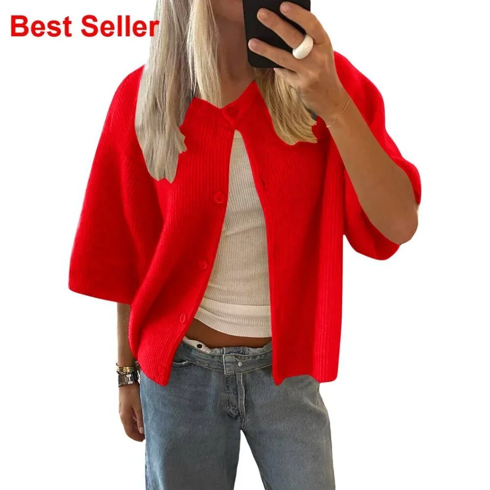 Lightweight Knit Cardigan Short Sleeve Crew Neck Button Down Women's Sweater
